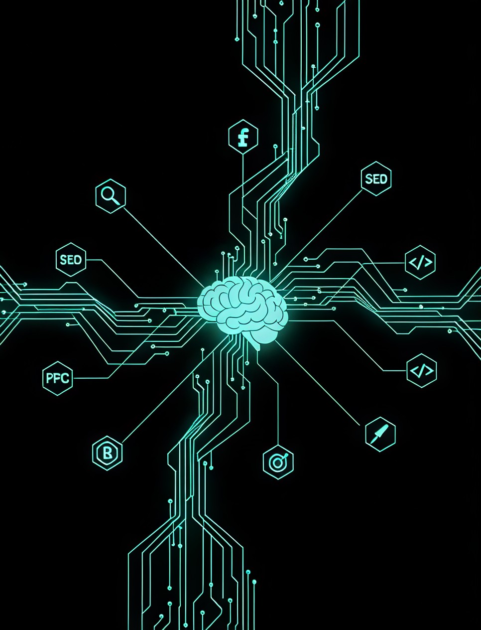 AI Digital Brain with SEO, PPC & Digital Marketing Icons